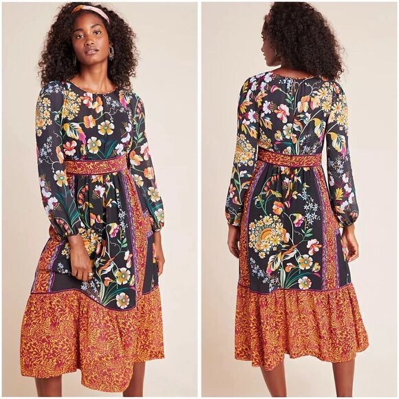 ANTHROPOLOGIE Adair Velvet Trimmed Floral Boho Midi Dress sz 8 US - Picture 14 of 14